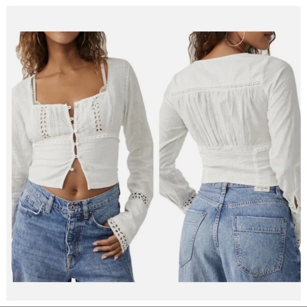 FREE PEOPLE JOI eylet crop blouse top ivory Lace-Trimmed Women's Top size XS